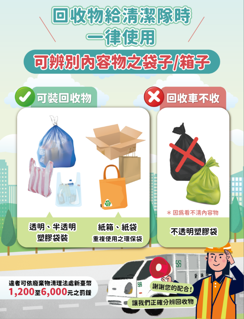 《圖說》新北市環保局公告如以塑膠袋盛裝回收物，其外觀須為可辨明內容物之透明或半透明材質。〈環保局提供〉