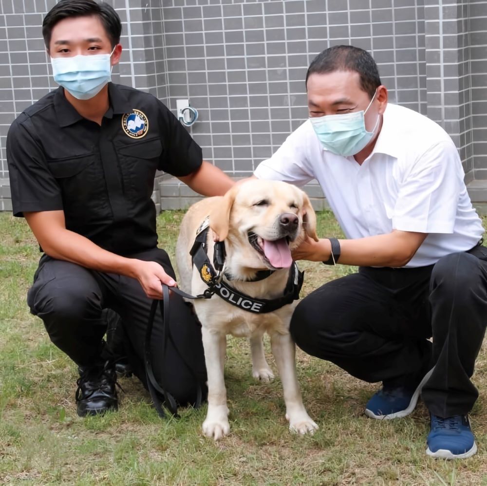 《圖說》侯友宜市長與警犬相見歡。〈動保處提供〉