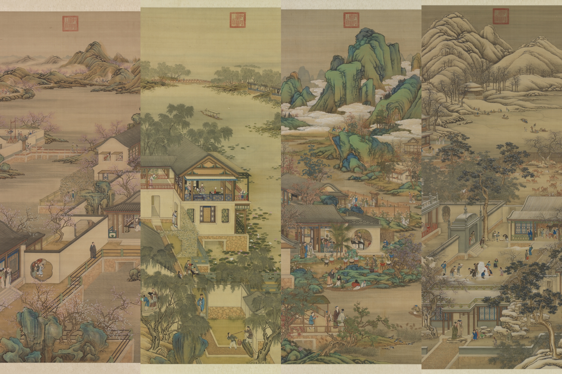 清畫院 畫十二月月令圖 之二月（左起）、六月、九月、十二月 (國寶)。圖/故宮提供 