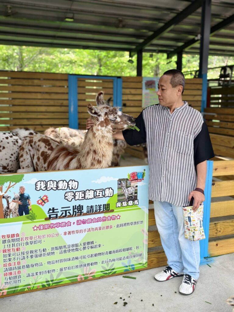 侯理事長在安全規範下親餵牧草，友善對待動物